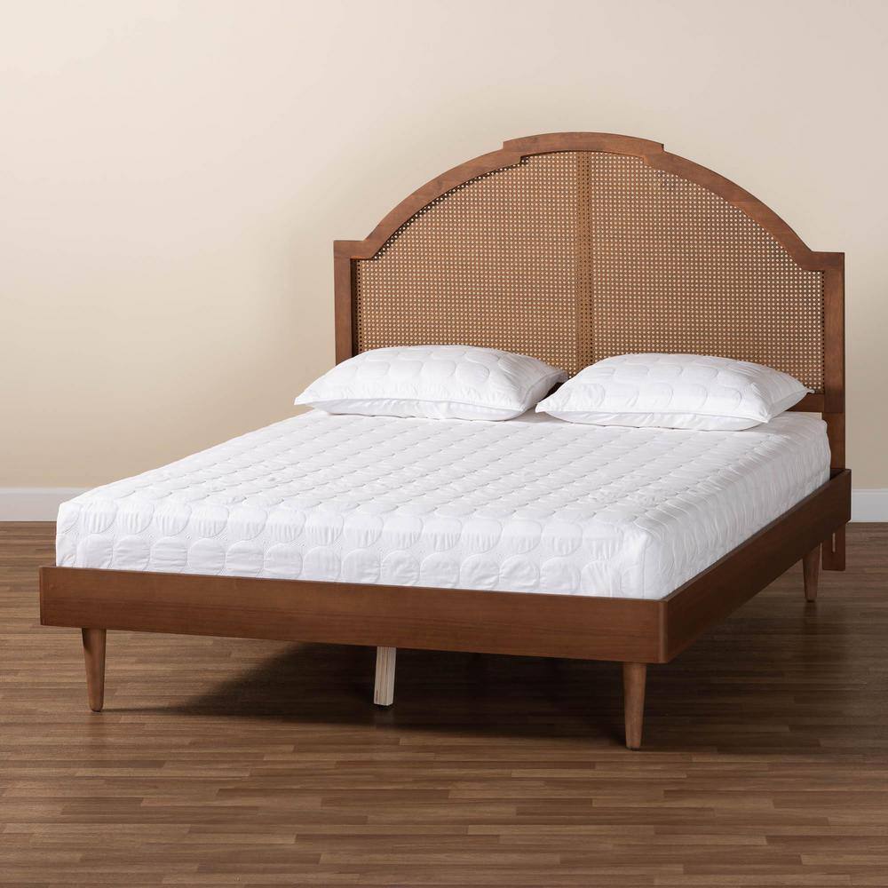 Walnut Brown Queen Wood Frame Platform Bed with Rattan Headboard