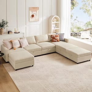 127 in. Rectangle Arm 7-Seat Fabric Storage Convertible Sectional Sofa set in Beige