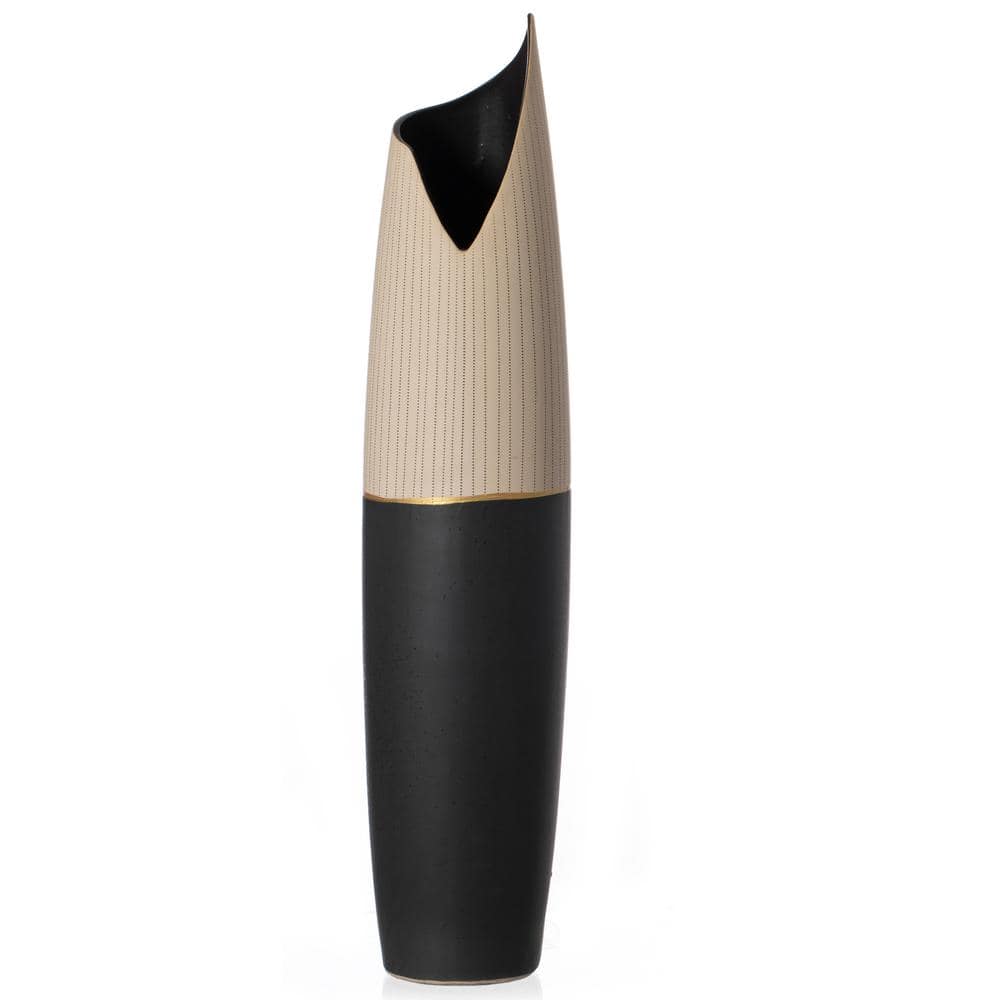 Sleek Handcrafted Ceramic Floor Vase - Beige Polka Dot & Black