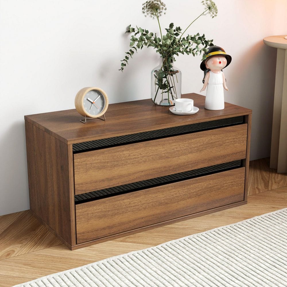 28.35 in. Stackable 2-Shelf Walnut Mount Storage Cabinet Spice Rack with 2-Drawers for Home Organization and Display