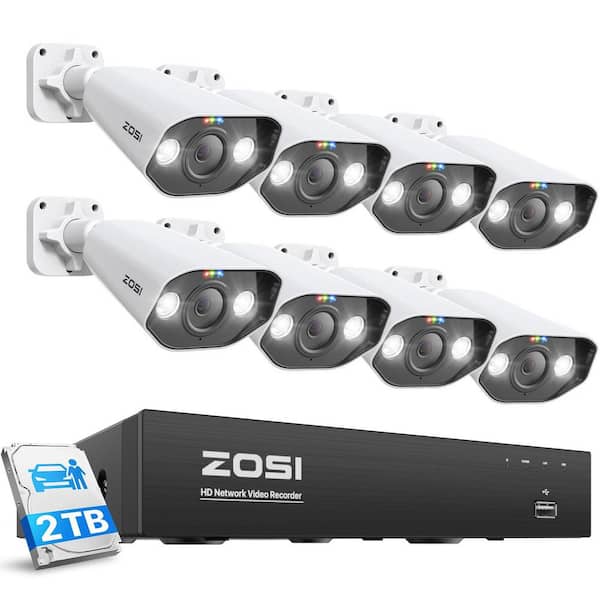 ZOSI 4K 8-Channel 5MP 2TB POE NVR Home Security Camera System with 8X Wired Spotlight Cameras, Car Detect, Face Recognition