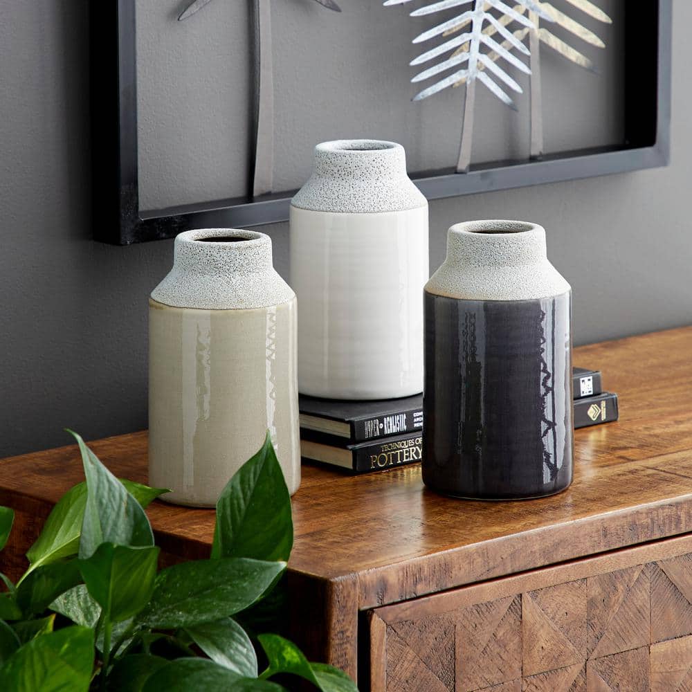 Set of 3 Glossy White, Beige, and Gray Porcelain Cylinder Vases