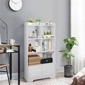 White 4-Tier Bookshelf 2-Door Storage Cabinet with 4-Cubes Display Shelf for Home Office