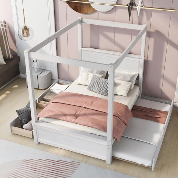 Duncan White Wood Frame Full Size Canopy Bed with Trundle, 2-Drawers, Headboard, Support Slats