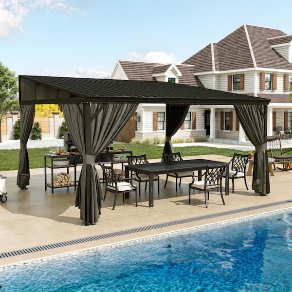 12 ft. x 14 ft. Hardtop Wall Mounted Gazebo with Sloping Galvanized Steel Roof, Wall Pergola with Aluminum Frame