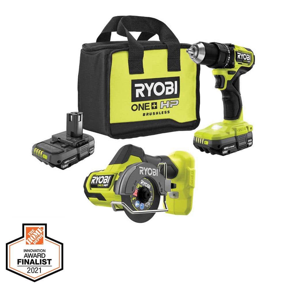 RYOBI ONE+ HP 18V Brushless Cordless Compact 1/2 in. Drill/Driver, Cut-Off Tool, (2) 1.5 Ah Batteries, Charger, and Bag