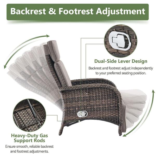 PlainCurve 3-Piece Brown Wicker Outdoor Recliner Chairs Patio Conversation Set with Olefin Gray Cushions and Side Table