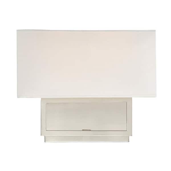 TUXEDO PARK LIGHTING 12 in. W x 11 in. H 2-Light Brushed Nickel Wall Sconce with White Fabric Shade