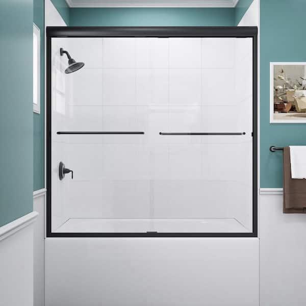 Ridge 56 in. W x 60 in. H Sliding Semi-Frameless Tub Door in Matte Black Finish with Clear Glass