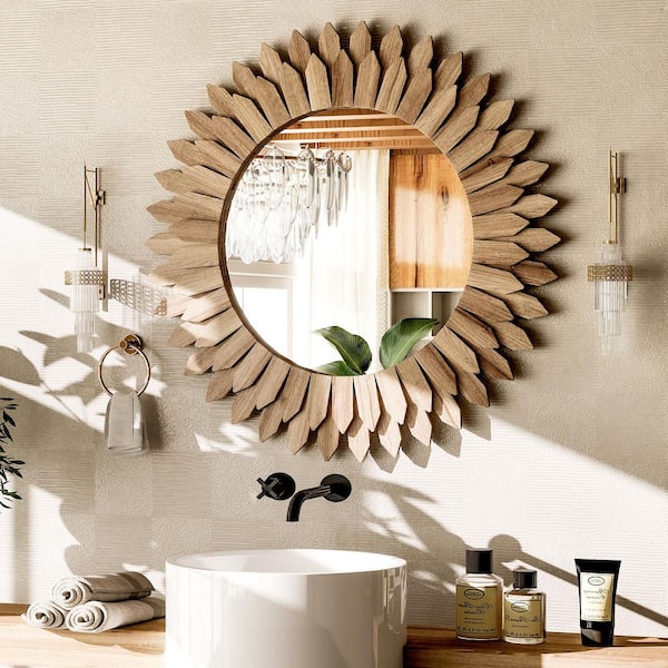 Light Brown 24 in. W x 24 in. H Sunburst Wood Framed Vanity Mirror Wall Mirror