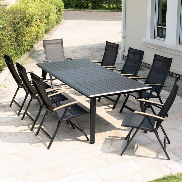 9-Piece Outdoor Dining Set with Aluminum Frame 8-Foldable Chairs with Adjustable Back 93.9 in. Table with Umbrella Hole