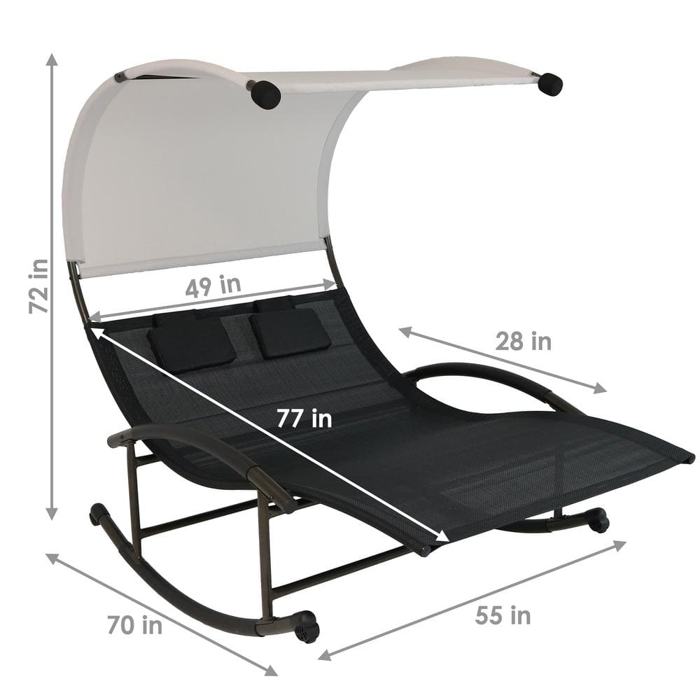 Black Double Chaise Rocking Lounge with Canopy and Cushions