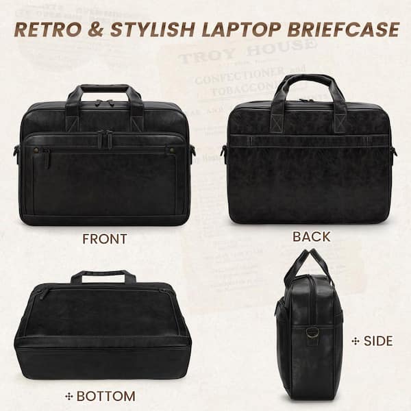 Numhew Vintage Black PU Leather Laptop Briefcase, Waterproof
