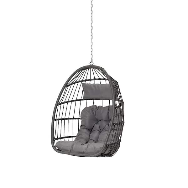 Unbranded 1-Person 28.5 in. W Dark Grey Rattan Frame Egg Swing Chair, Outdoor Garden Rattan Hanging Chair in Light Gray