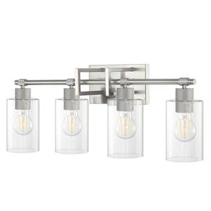 Vienna Modern Cylinder 27 in. 4-Light Nickel Vanity Light Transparent Glass Shade Bathroom Wall Sconce