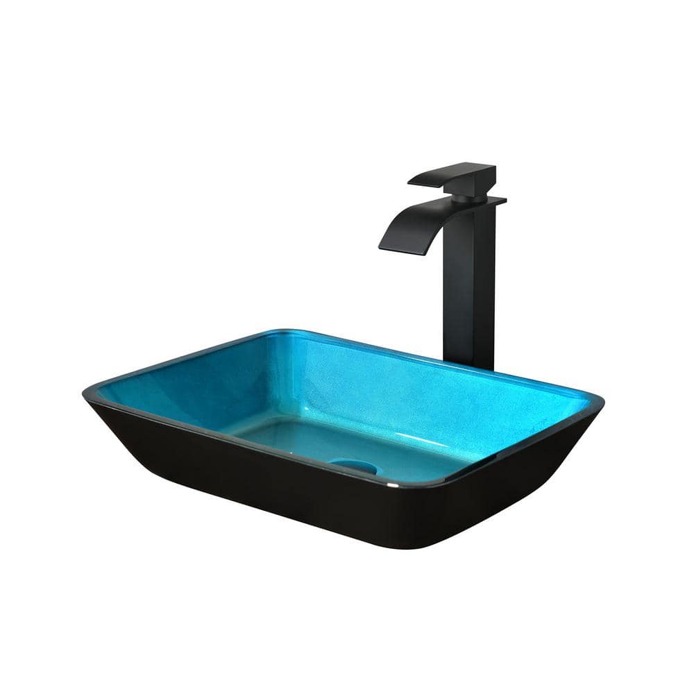 Glass Rectangular Vessel Sink in Black and Turquoise with Faucet and
