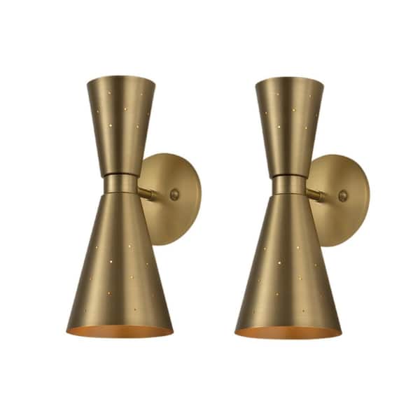 RRTYO Renzo 2-Light Modern Industrial Brushed Brass Up and Down Pinhole Hourglass Cone Sconce with Metal Shade (2-Pack )