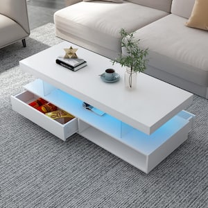 51.2 in. White Rectangle Particle board Coffee Table with LED Lights(16 colors), 2 Drawers and Shelves