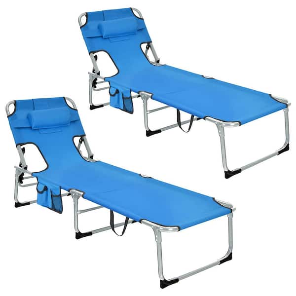 Gymax Set of 2 Black Folding Metal Outdoor Lounge Chair w/Facing Hole Blue