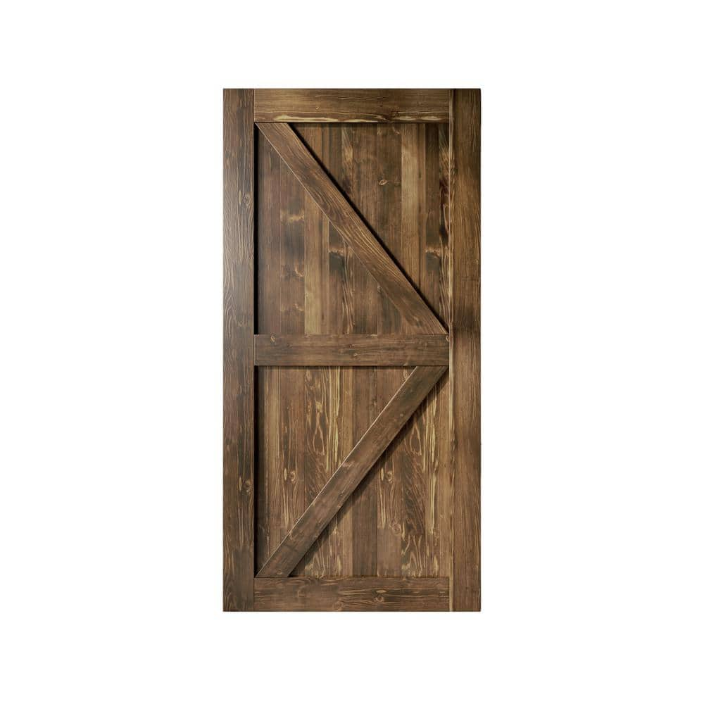 HOMACER 54 in. x 84 in. K-Frame Walnut Solid Natural Pine Wood Panel Interior Sliding Barn Door Slab with Frame