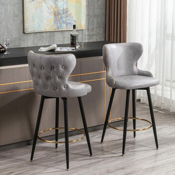 DKLGG Upholstered Counter Height Bar Stools Set of 2, 29.9'' Leathaire  Fabric Bar Height Chairs, Tufted Gold Nailhead Trim Kitchen Stool with Wood 