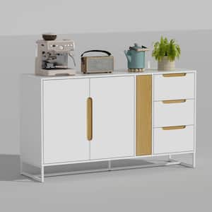 White Wooden 55.1 in. Width Food Pantry Cabinet, Sideboard, Storage Cabinet with 4-Drawers, Glass Rack and 2-Shelves