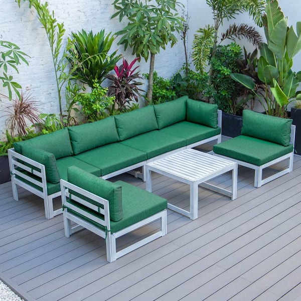 Leisuremod Chelsea Weathered Grey 7-Piece Conversation Set with Green Cushions