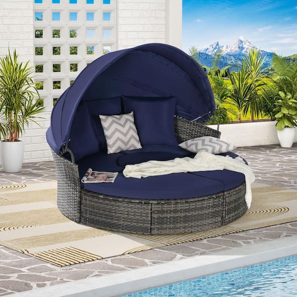 5-Piece Wicker Outdoor Patio Round Day Bed with Retractable Canopy Dark Blue Cushions