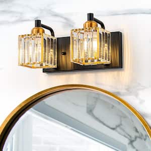 Orillia 11.4 in. 2-Light Black Gold Bathroom Vanity Light with Crystal Shades