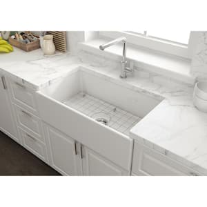 White Fireclay 33 in. Single Bowl Farmhouse Apron-Front Kitchen Sink with Grid