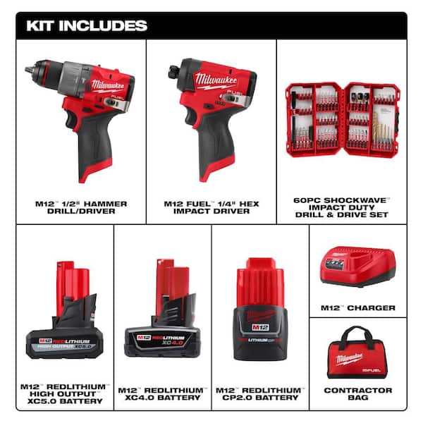 M12 FUEL 12V Cordless Hammer Drill/Impact Combo Kit (2-Tool) w/5.0Ah Battery & SHOCKWAVE Bit Set (60-Pc)