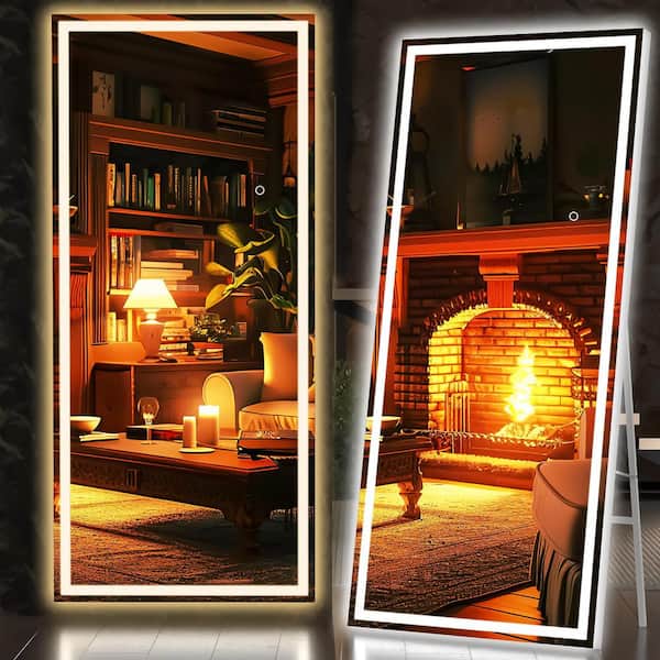 Hasipu 28 in. W x 71 in. H Square White LED Lighted Floor Standing Mirror, Hanging Mounted Mirror, Dimmable, Tempered Glass