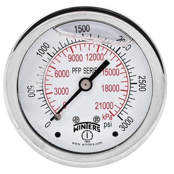 Winters Instruments PFP Series 2.5 in. Stainless Steel Liquid Filled Case Pressure Gauge with 1/4 in. NPT CBM and Range of 0-3000 psi/kPa