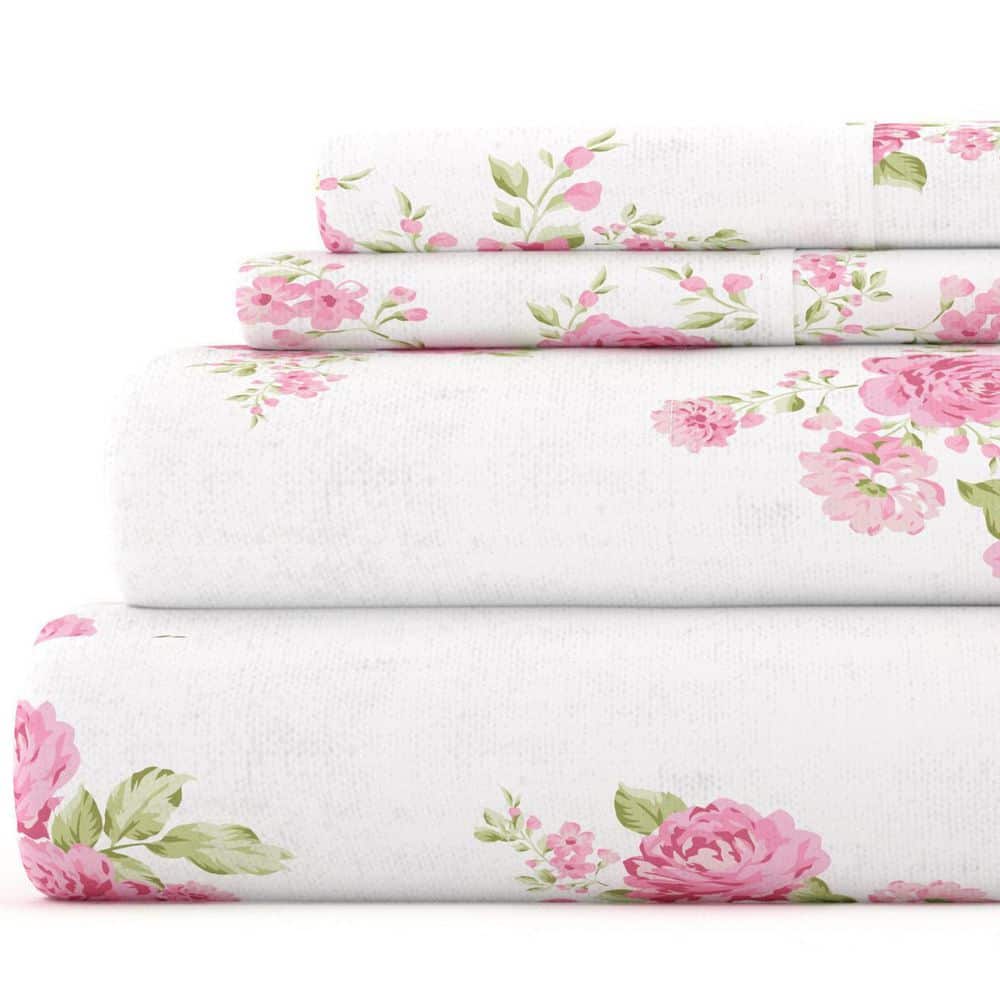 California King Pink Floral Cotton Flannel Deep Pocket Sheet Set