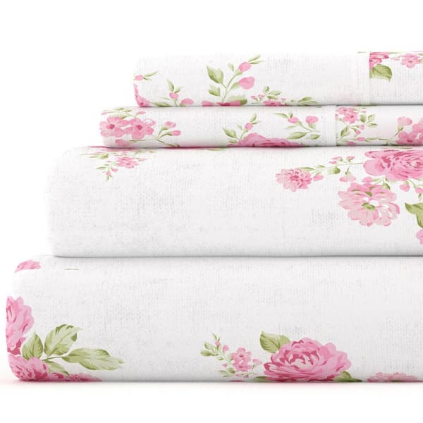 Premium 4 Piece Pink Rose Bunch Flannel California King Sheet Set