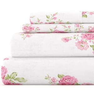 Premium 4 Piece Pink Rose Bunch Flannel Full Sheet Set