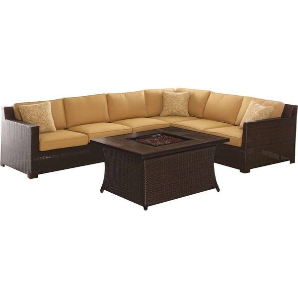Hanover Metropolitan 6-Piece All-Weather Wicker Patio Fire Pit Seating Set with Sahara Sand Cushions