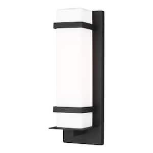 Alban 1-Light Black Outdoor Small Wall Lantern Sconce with Etched Opal Glass Shade