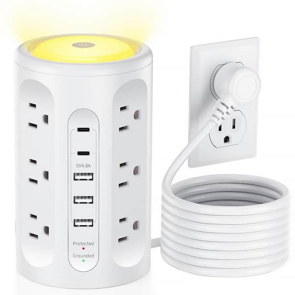 Power Strip Tower 10 ft. 12-Outlet 5-Ports Surge Protector with Night Light and Space-Saving Vertical 1800J Protection