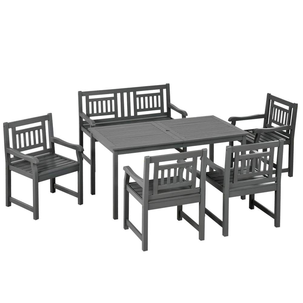 6-Piece Dark Gray Poplar Wood Patio Dining Set with Bench