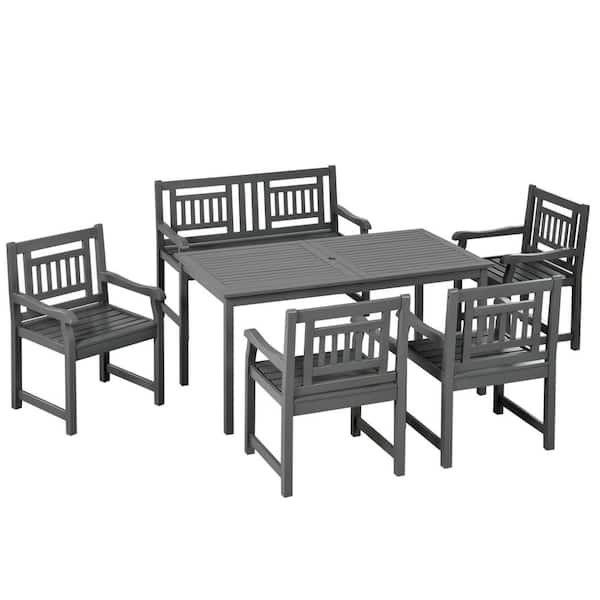 Outsunny 6 Pieces Patio Dining Set for 6, Natural Wood Outdoor Table and Chairs, Loveseats with Slatted Design, Dark Gray