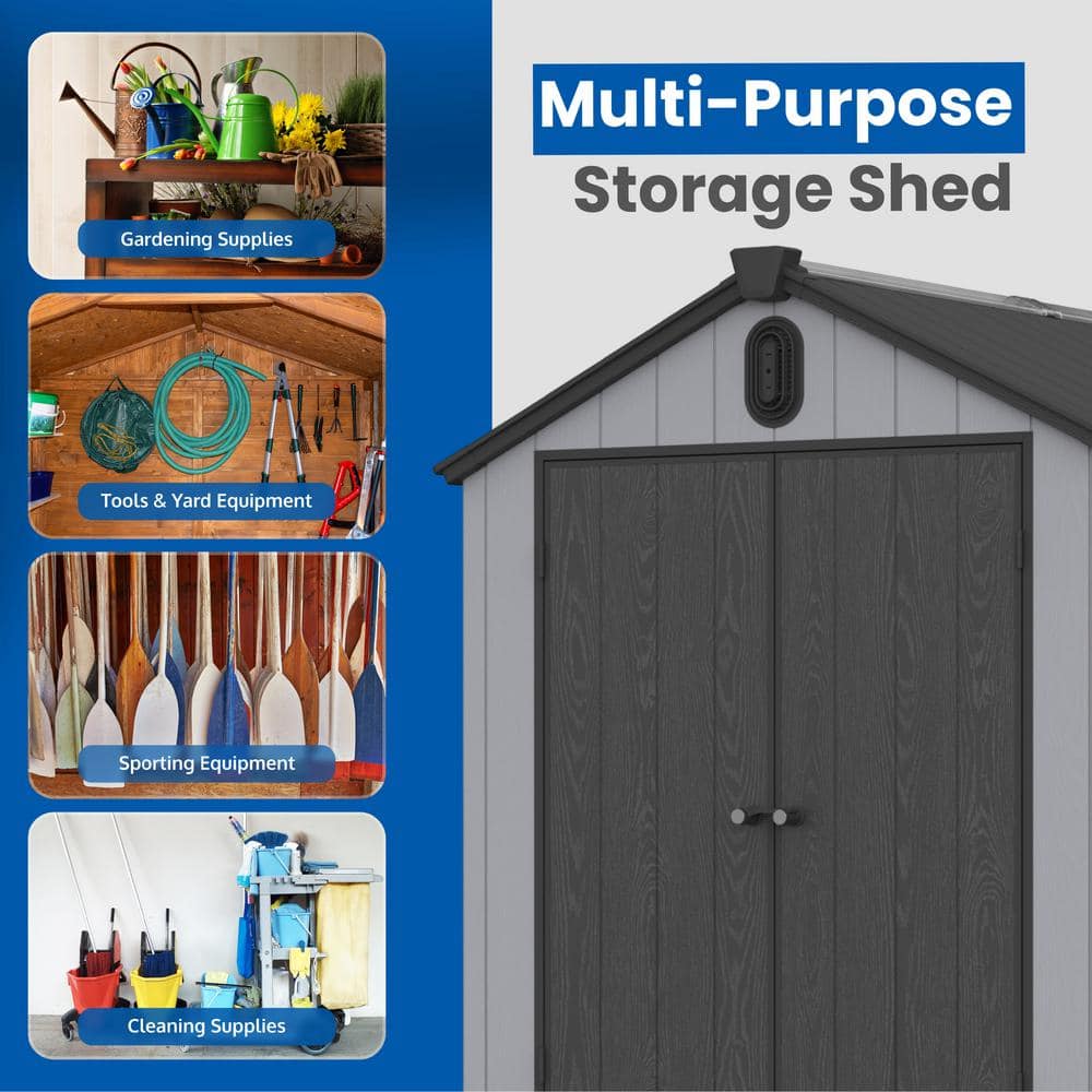 Gray Resin 6' x 8' Outdoor Shed with Black Gable Roof