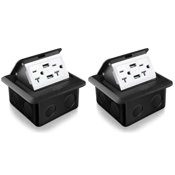 Black 20A Weatherproof, Tamper Resistant Pop up Floor, Counter Top Outlet Kit with 2-Outlets. 2 USB-A Ports - (2-Pack)