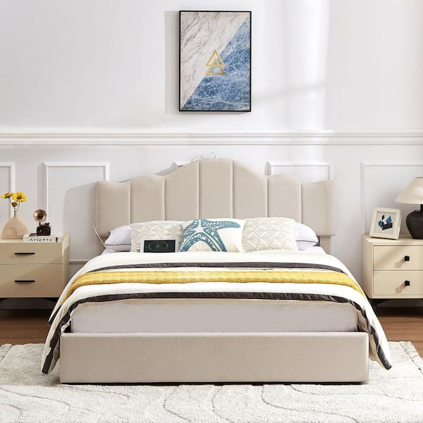 Upholstered Bed Beige Metal Frame Full Platform Bed with Type-C and USB Charging Stations, Adjustable Headboard