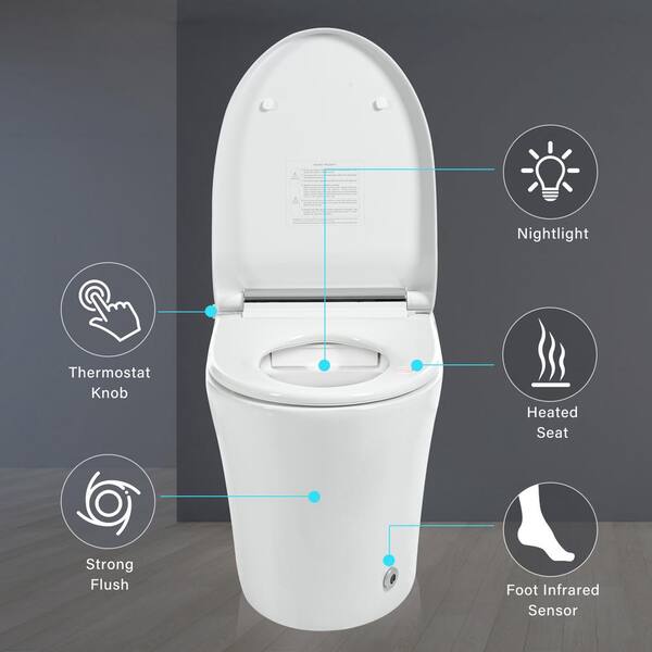 Virubi Heated Seat Smart Elongated 1-Piece Toilet with Foot Sensor, Soft Close, White