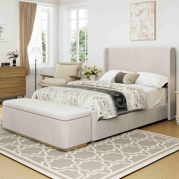 Gray Wood Frame Queen Platform Bed with 130 L Storage Ottoman