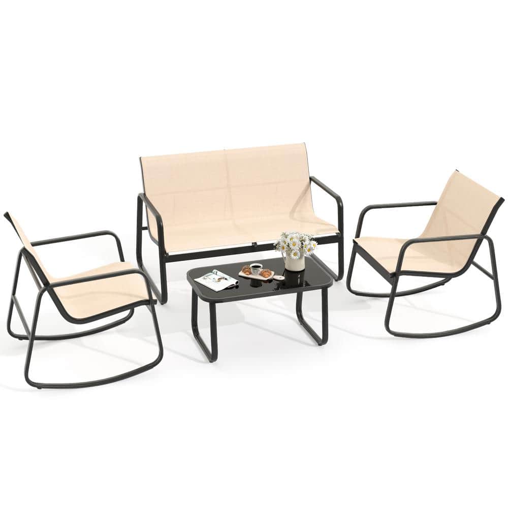 Khaki and Black Iron 4-Piece Patio Bistro Set with Glass Table