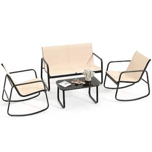 4-Piece Patio Outdoor Furniture Bistro Set with 1-Loveseat 2-Rocking Bistro Chairs and Glass Table
