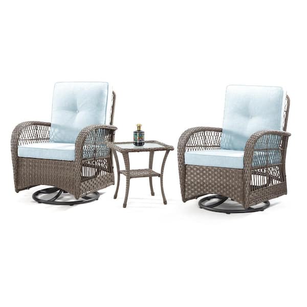 Unbranded 3 Piece Grey Wicker Swivel Patio Outdoor Rocking Chair with Aqua Premium Fabric Cushions and Matching Side Table