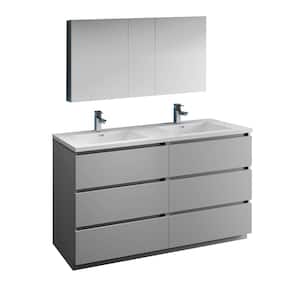 Lazzaro 60 in. Modern Double Bathroom Vanity in Gray with Vanity Top in White with White Basins and Medicine Cabinet